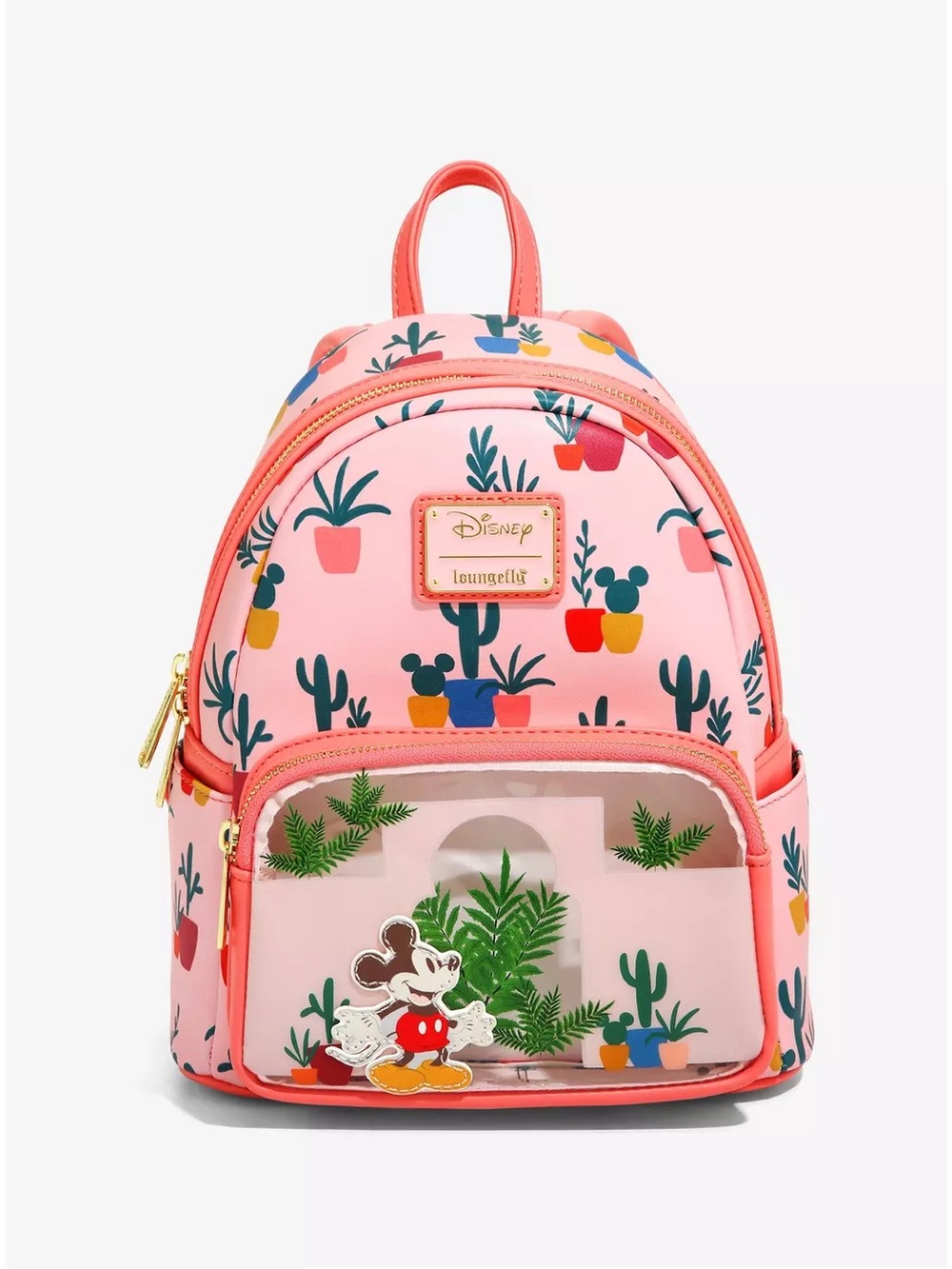 Disney Loungefly Mickey Mouse Desert Cactus Mini Backpack Pink Clear Pocket